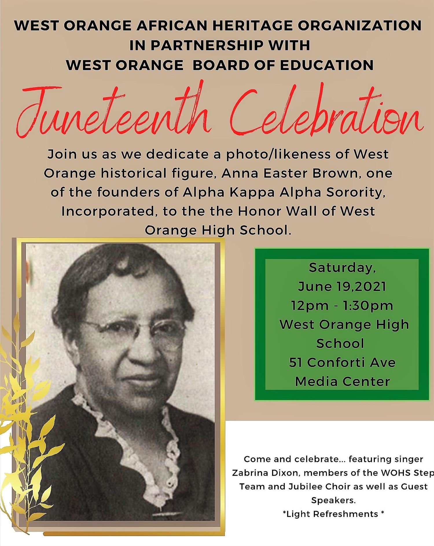 West Orange Schools Partners with West Orange African Heritage Organization to Recognize Educator Anna Easter Brown at Juneteenth Event